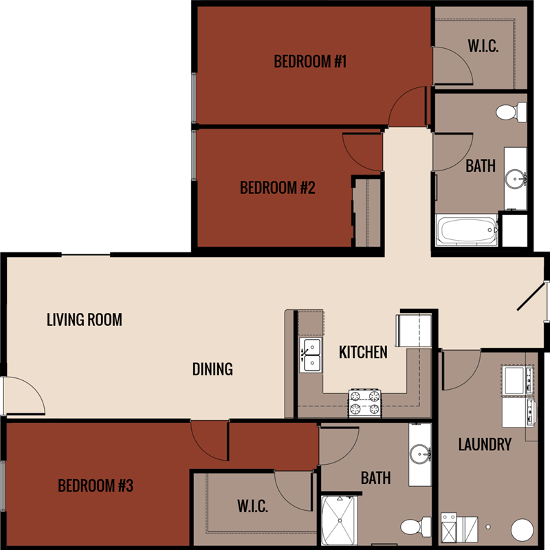 3x2 1192-1352 square foot floor plan at Horicon School Apartments